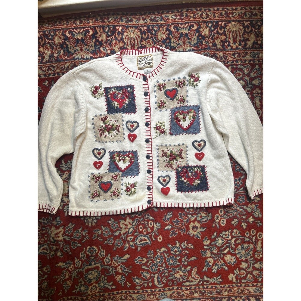 VTG  Heirloom Collectables Cottage Core Cardigan White Valentine Hearts Sze XL